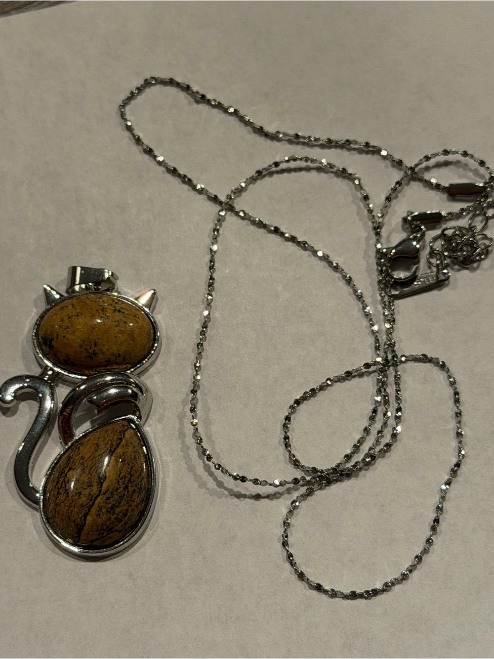 Silver Cat Pendant Necklace with Jasper Stone Inlays